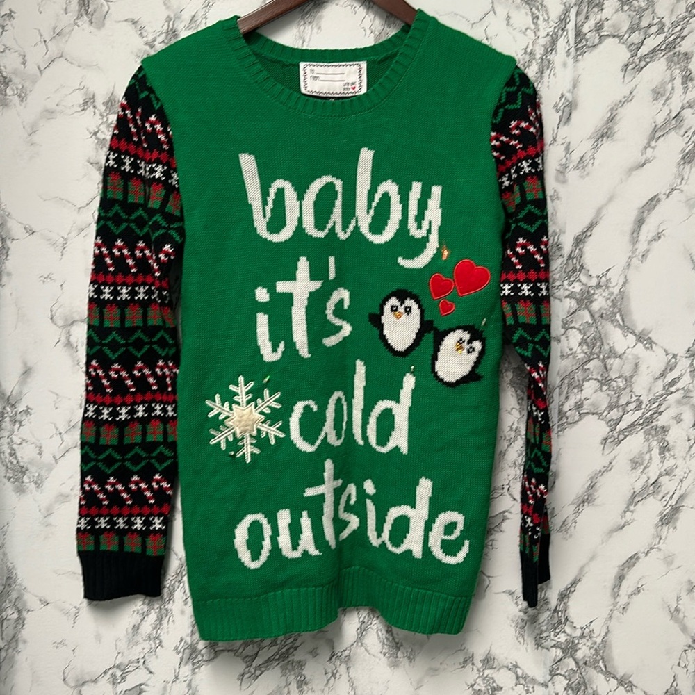Green Holiday Sweater with Penguin Design